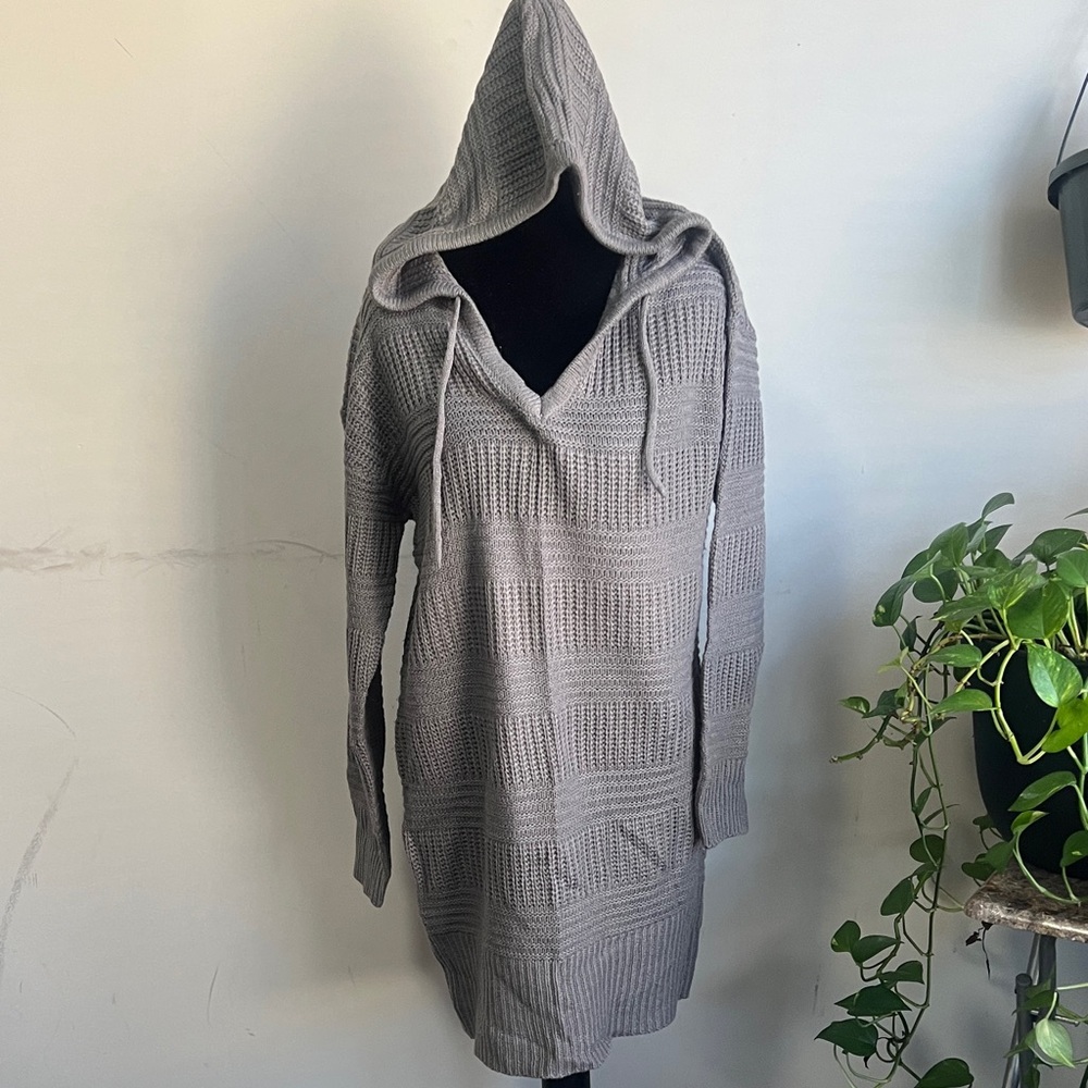 Gray Hooded Knit Sweater Dress
